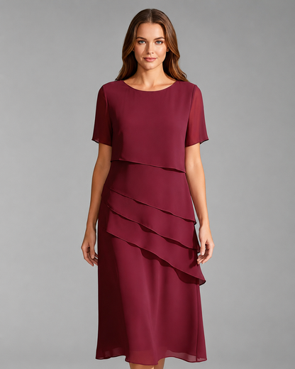 Women's Short Sleeve Dress – Layered Front Panel with Straight Hem