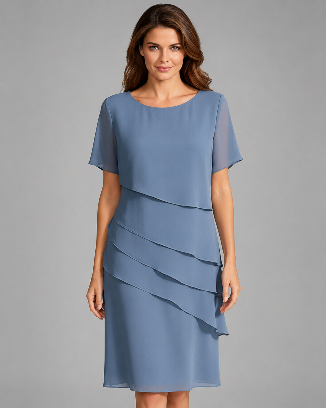 Women's Short Sleeve Dress – Layered Front Panel with Straight Hem