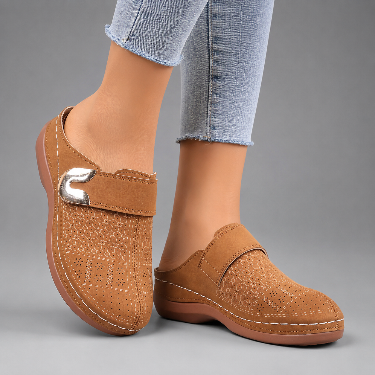 Women's PU Mule Slippers – Closed Round Toe with Wide Instep Strap