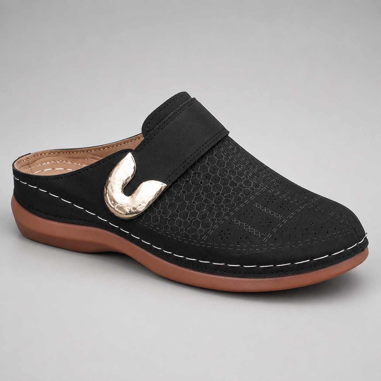 Women's PU Mule Slippers – Closed Round Toe with Wide Instep Strap