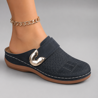 Women's PU Mule Slippers – Closed Round Toe with Wide Instep Strap