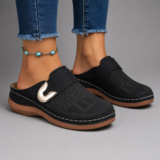 Women's PU Mule Slippers – Closed Round Toe with Wide Instep Strap