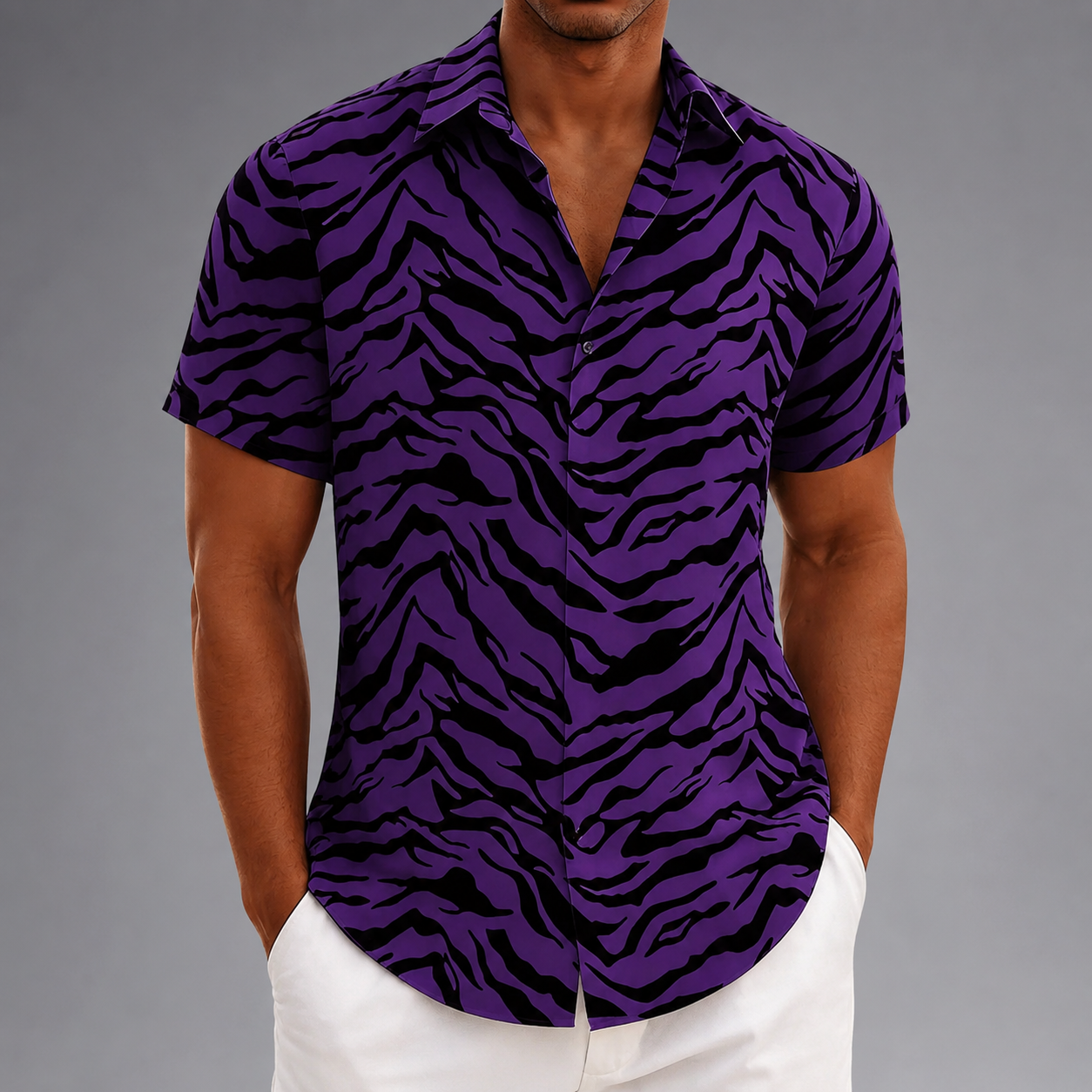 Men's Polyester Short Sleeve Shirt – Tiger Stripe Retro Design