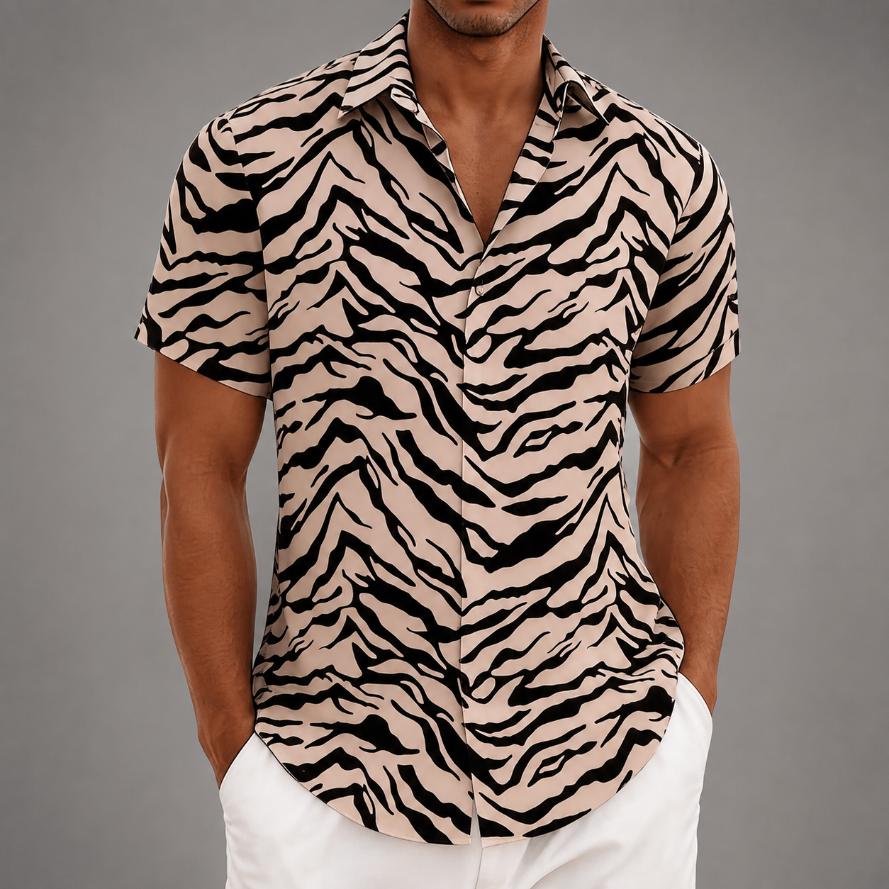 Men's Polyester Short Sleeve Shirt – Tiger Stripe Retro Design