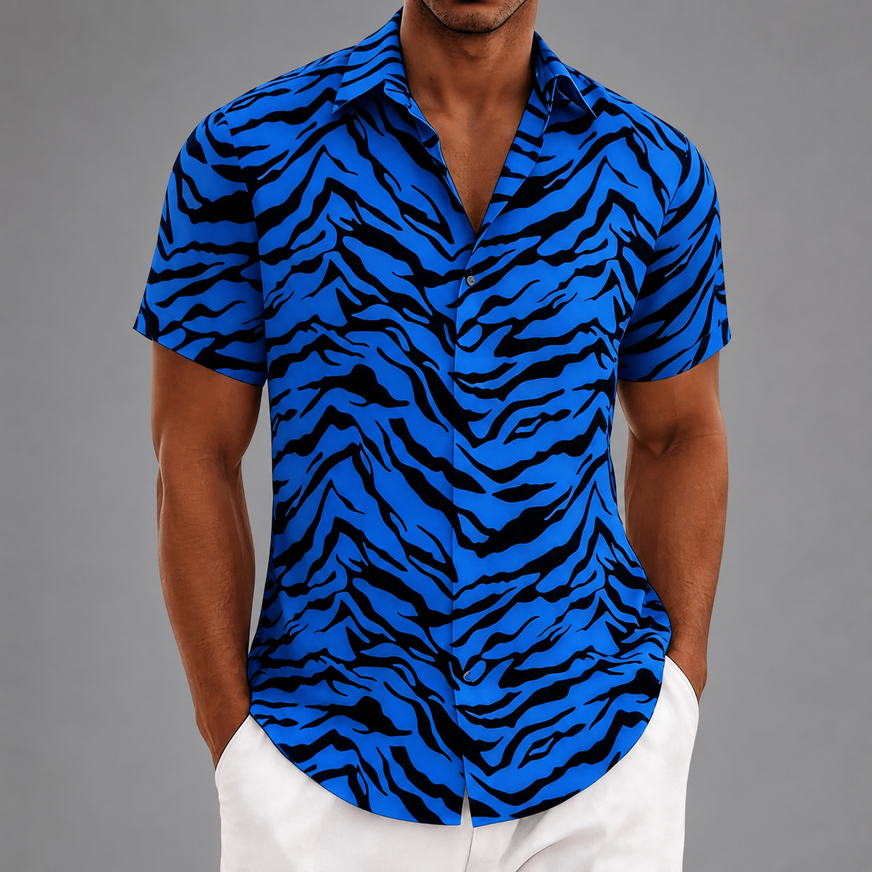 Men's Polyester Short Sleeve Shirt – Tiger Stripe Retro Design