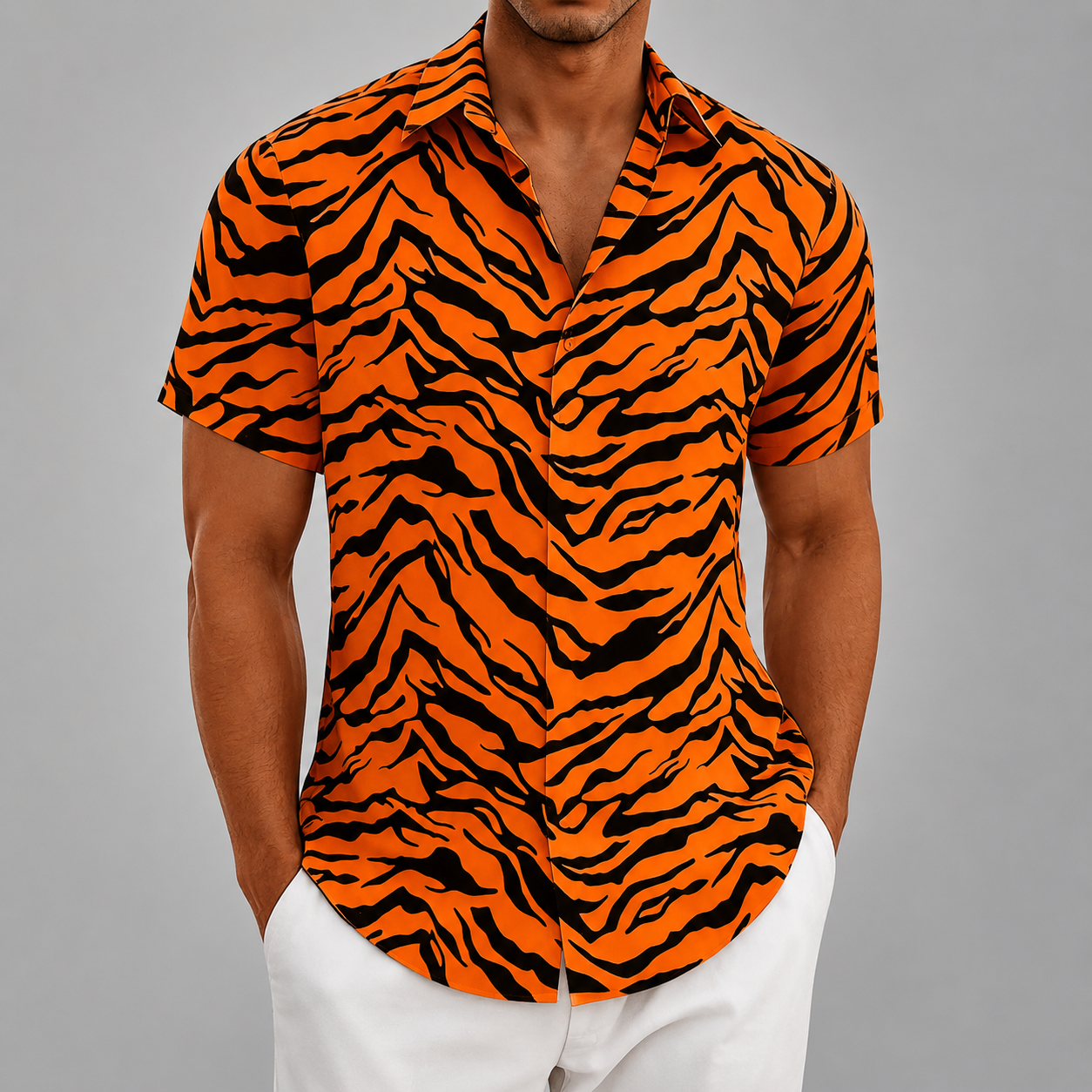 Men's Polyester Short Sleeve Shirt – Tiger Stripe Retro Design