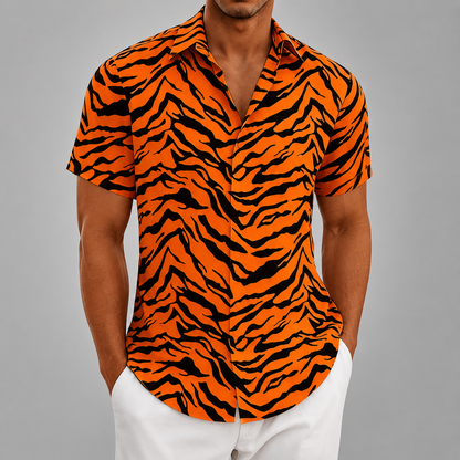 Men's Polyester Short Sleeve Shirt – Tiger Stripe Retro Design