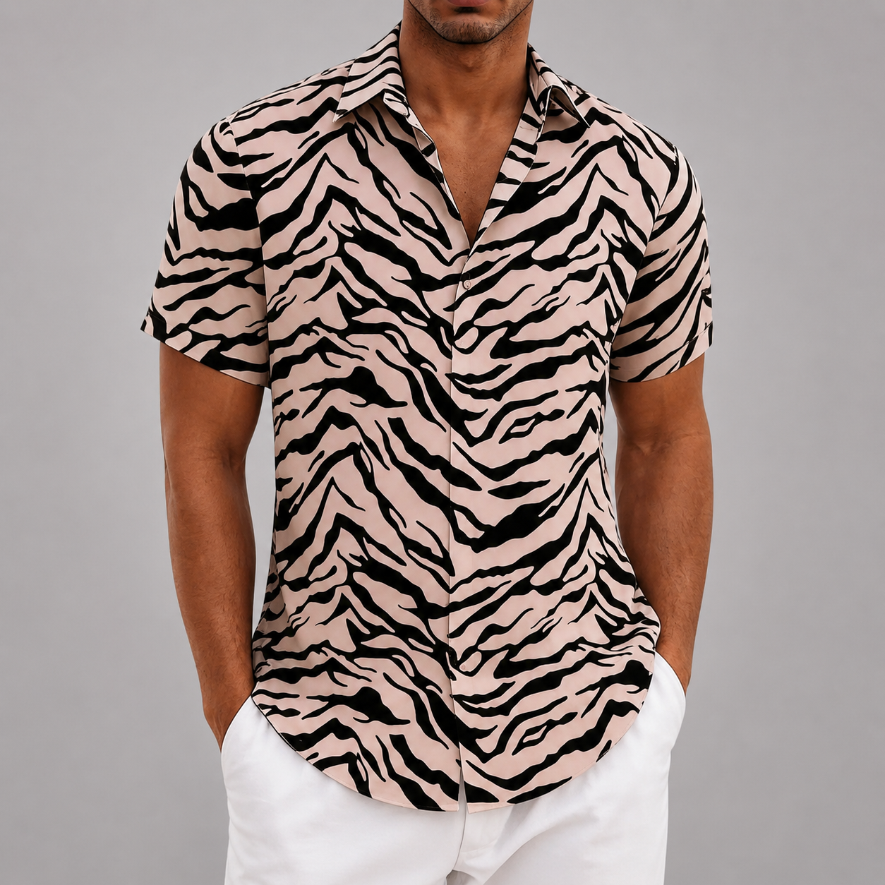 Men's Polyester Short Sleeve Shirt – Tiger Stripe Retro Design