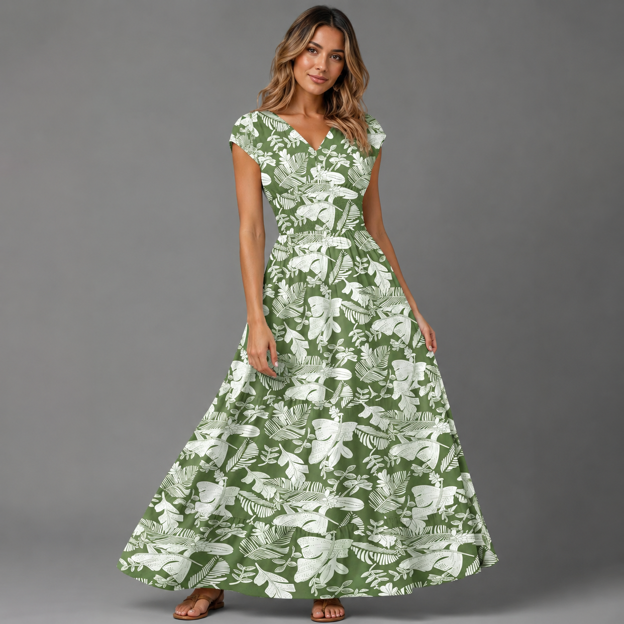 Women's Floral Print Summer Dress – V-Neck, Short Sleeve, Long Length