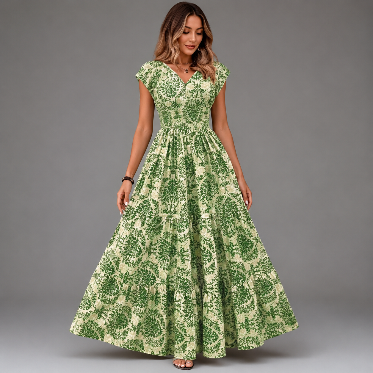 Women's Floral Print Summer Dress – V-Neck, Short Sleeve, Long Length