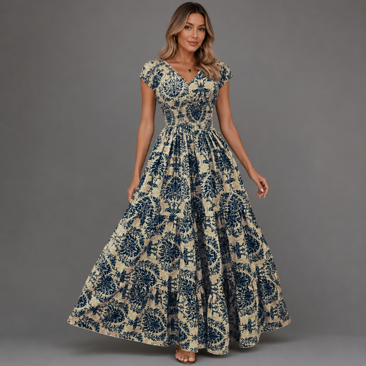 Women's Floral Print Summer Dress – V-Neck, Short Sleeve, Long Length