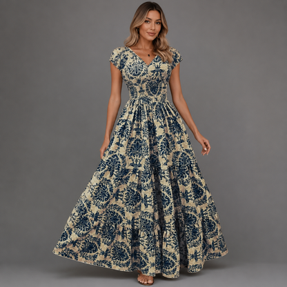 Women's Floral Print Summer Dress – V-Neck, Short Sleeve, Long Length