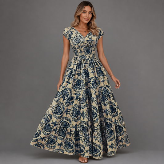 Women's Floral Print Summer Dress – V-Neck, Short Sleeve, Long Length