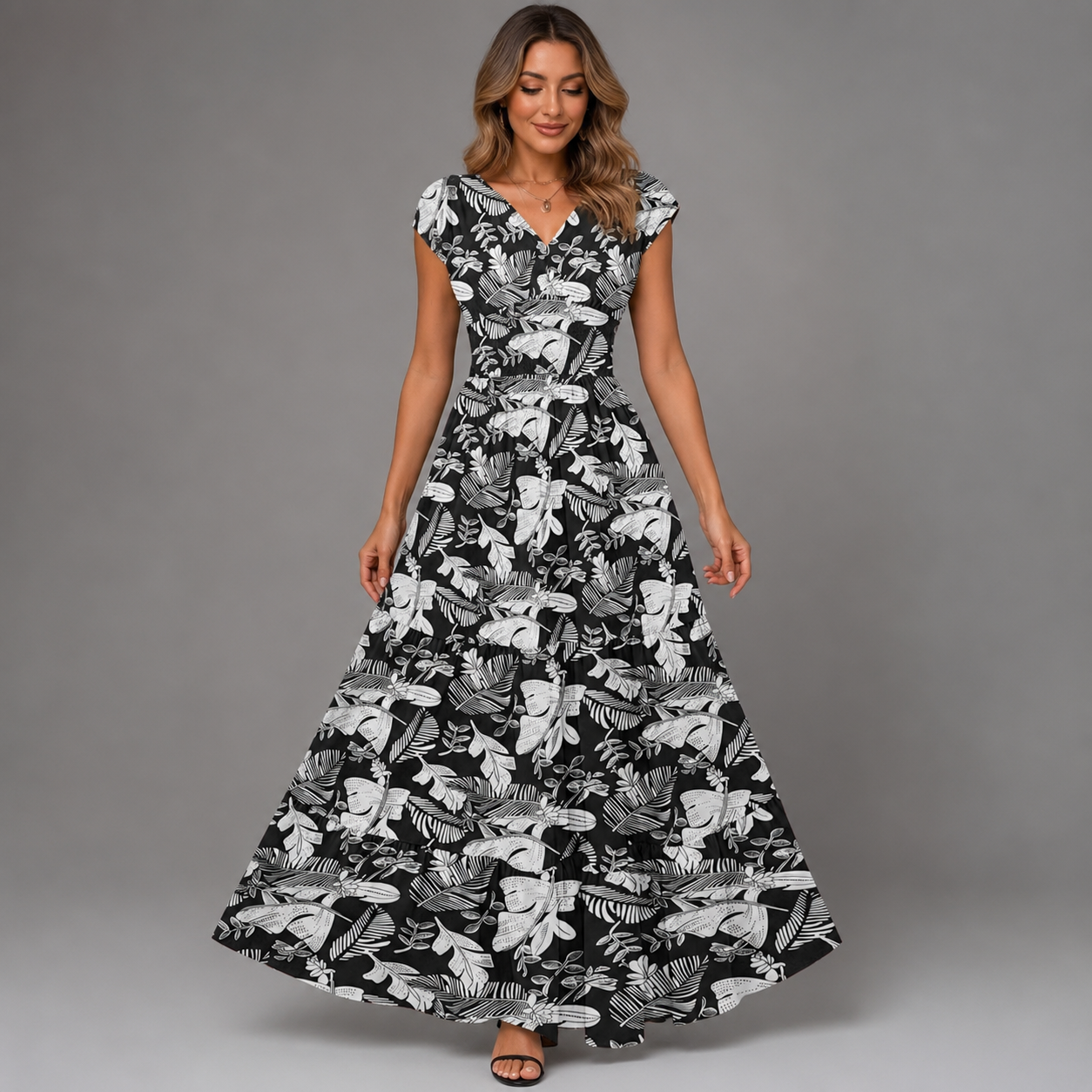 Women's Floral Print Summer Dress – V-Neck, Short Sleeve, Long Length