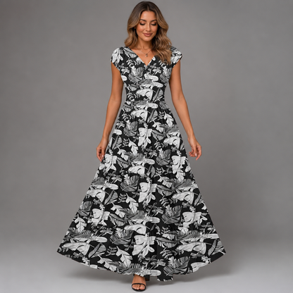 Women's Floral Print Summer Dress – V-Neck, Short Sleeve, Long Length