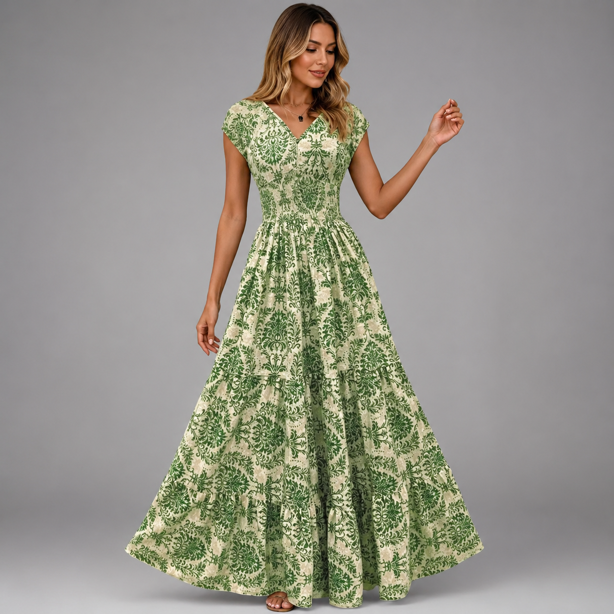 Women's Floral Print Summer Dress – V-Neck, Short Sleeve, Long Length
