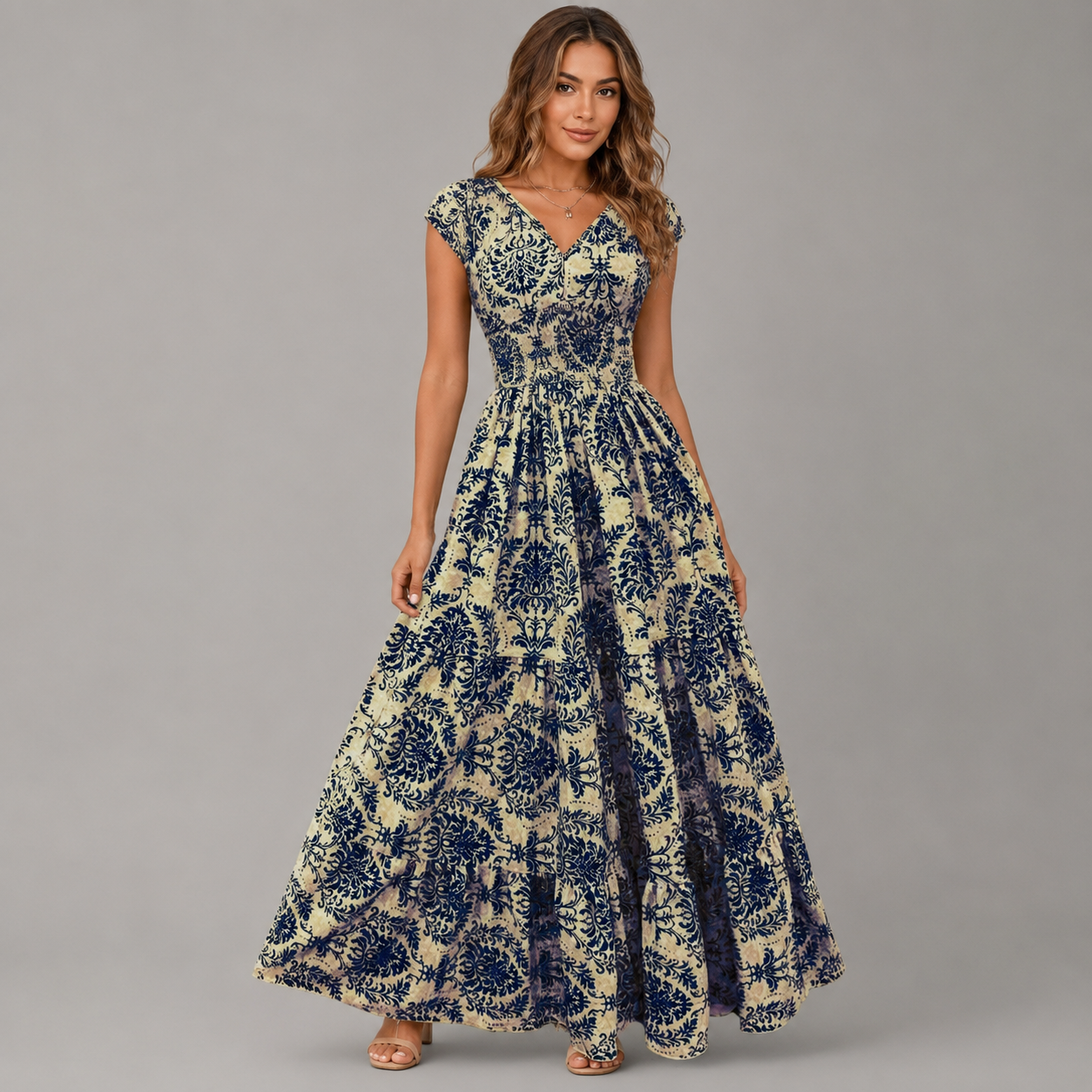 Women's Floral Print Summer Dress – V-Neck, Short Sleeve, Long Length