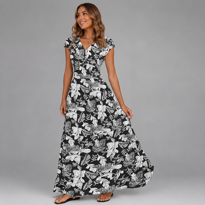 Women's Floral Print Summer Dress – V-Neck, Short Sleeve, Long Length