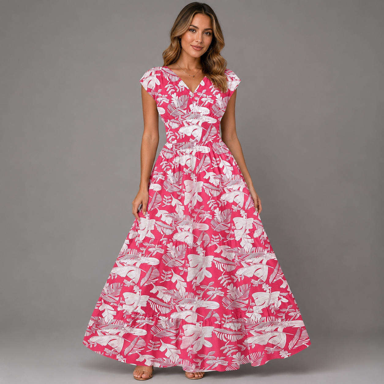 Women's Floral Print Summer Dress – V-Neck, Short Sleeve, Long Length