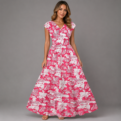 Women's Floral Print Summer Dress – V-Neck, Short Sleeve, Long Length