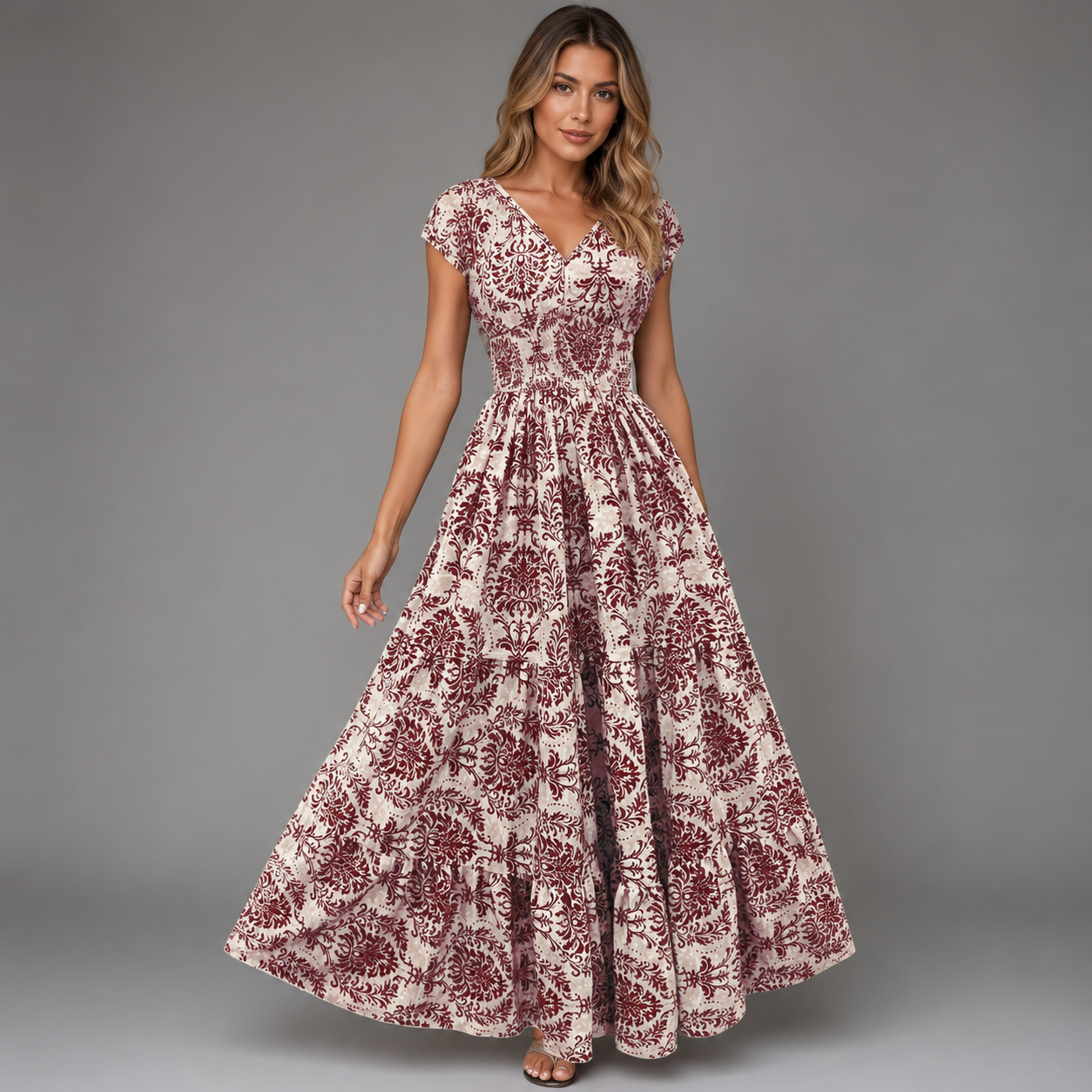 Women's Floral Print Summer Dress – V-Neck, Short Sleeve, Long Length