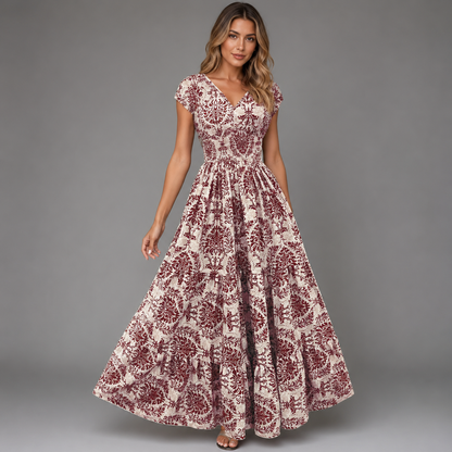 Women's Floral Print Summer Dress – V-Neck, Short Sleeve, Long Length