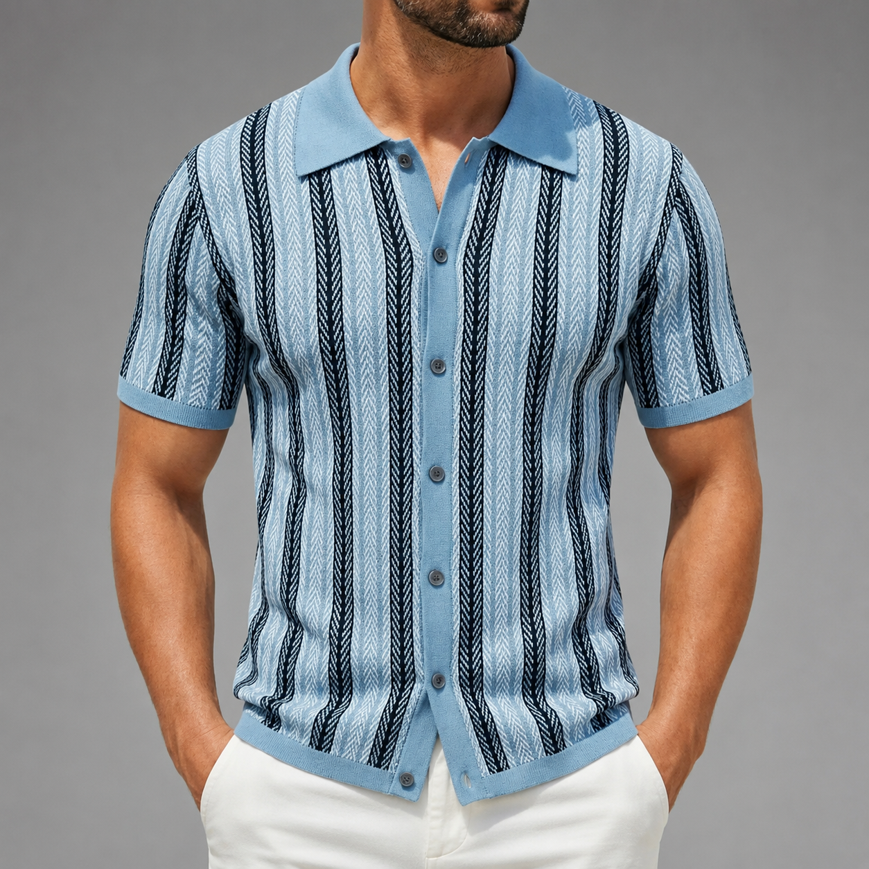 Men's Short Sleeve Knitted Polo Shirt – Vintage Stripe Design