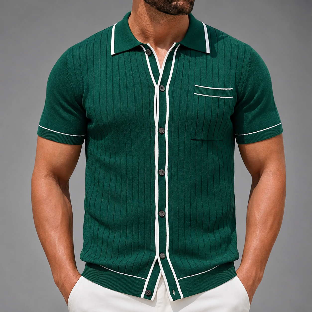 Men's Short Sleeve Knitted Polo Shirt – Vintage Stripe Design