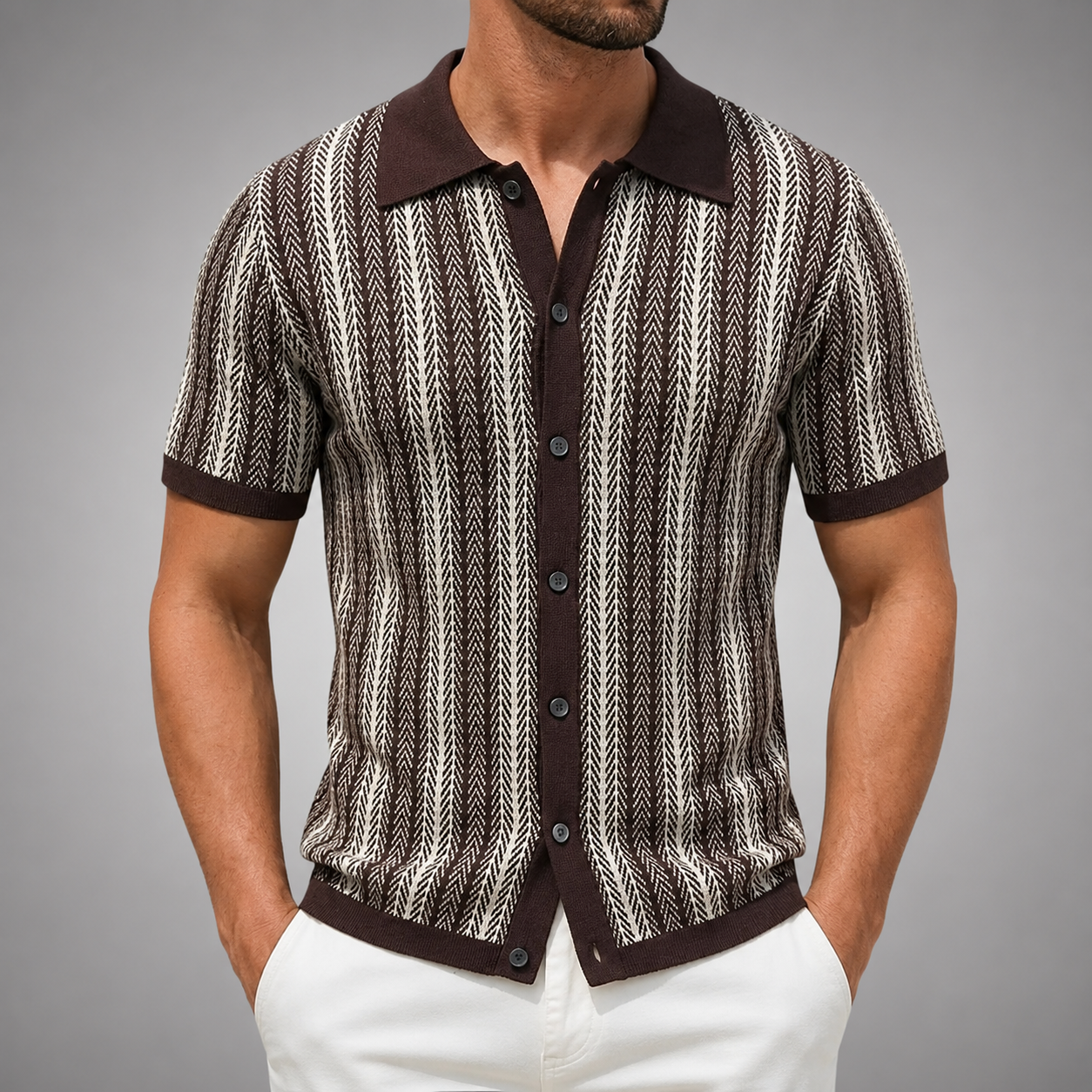 Men's Short Sleeve Knitted Polo Shirt – Vintage Stripe Design