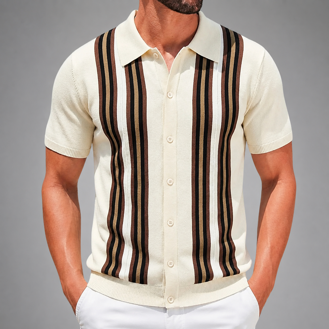 Men's Short Sleeve Knitted Polo Shirt – Vintage Stripe Design