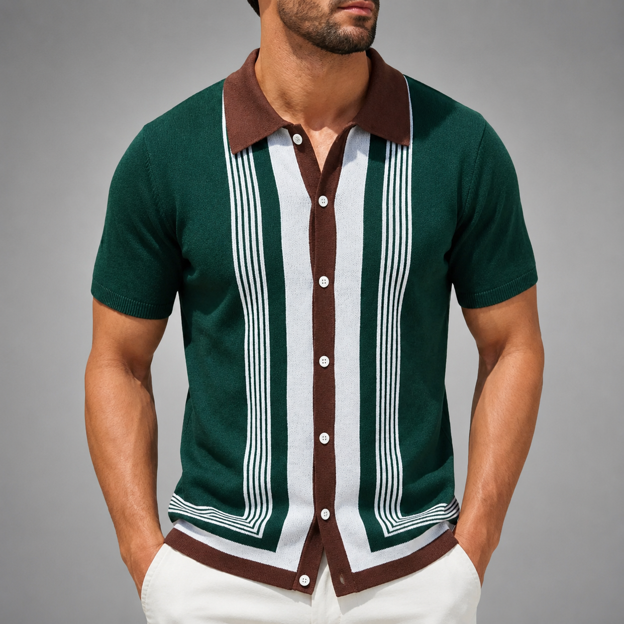 Men's Short Sleeve Knitted Polo Shirt – Vintage Stripe Design