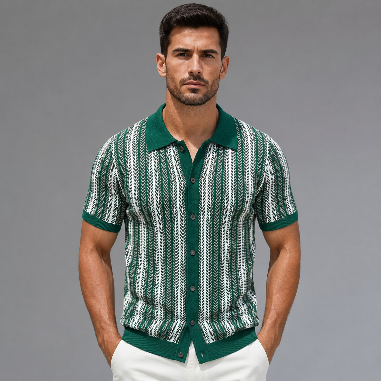 Men's Short Sleeve Knitted Polo Shirt – Vintage Stripe Design