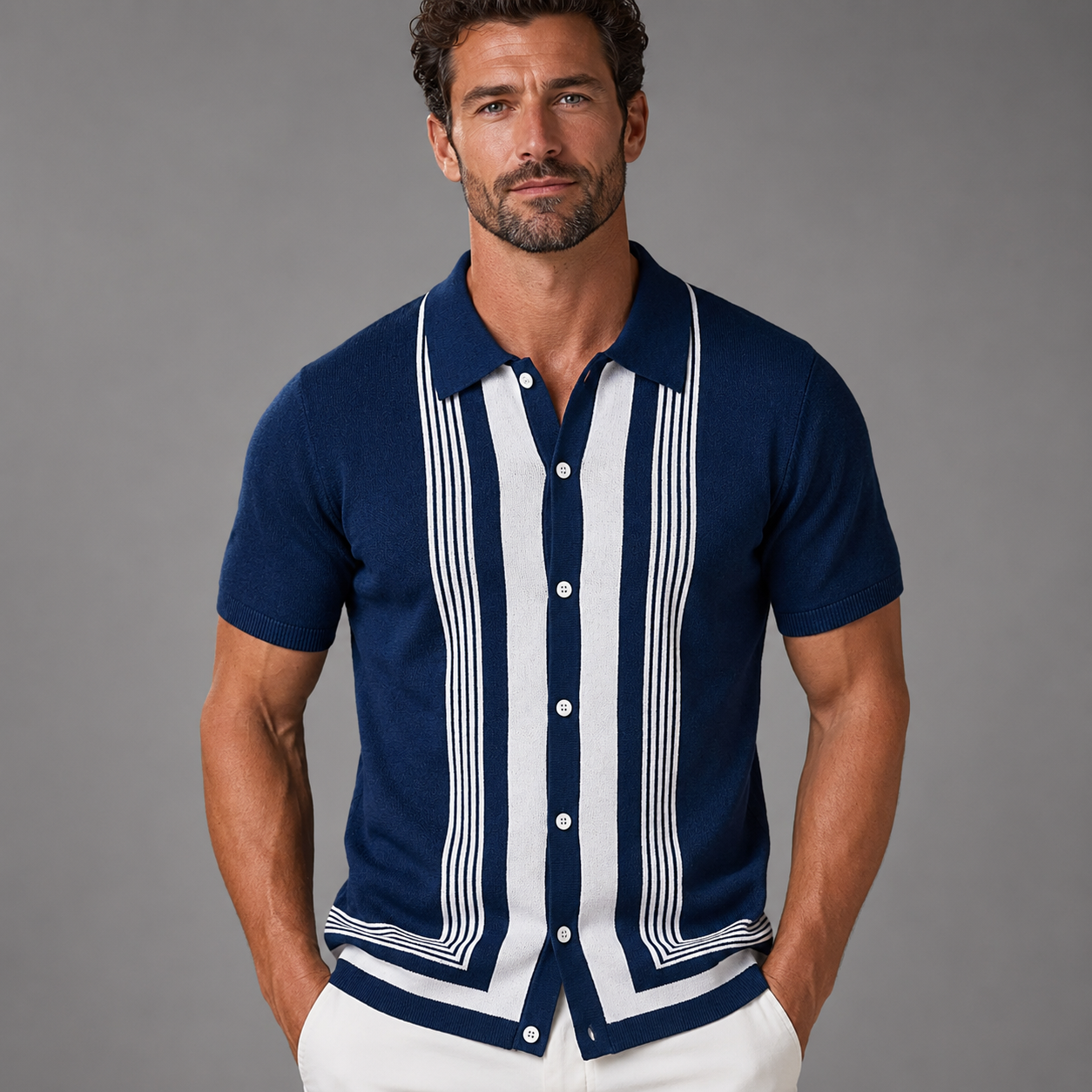 Men's Short Sleeve Knitted Polo Shirt – Vintage Stripe Design
