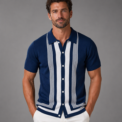 Men's Short Sleeve Knitted Polo Shirt – Vintage Stripe Design