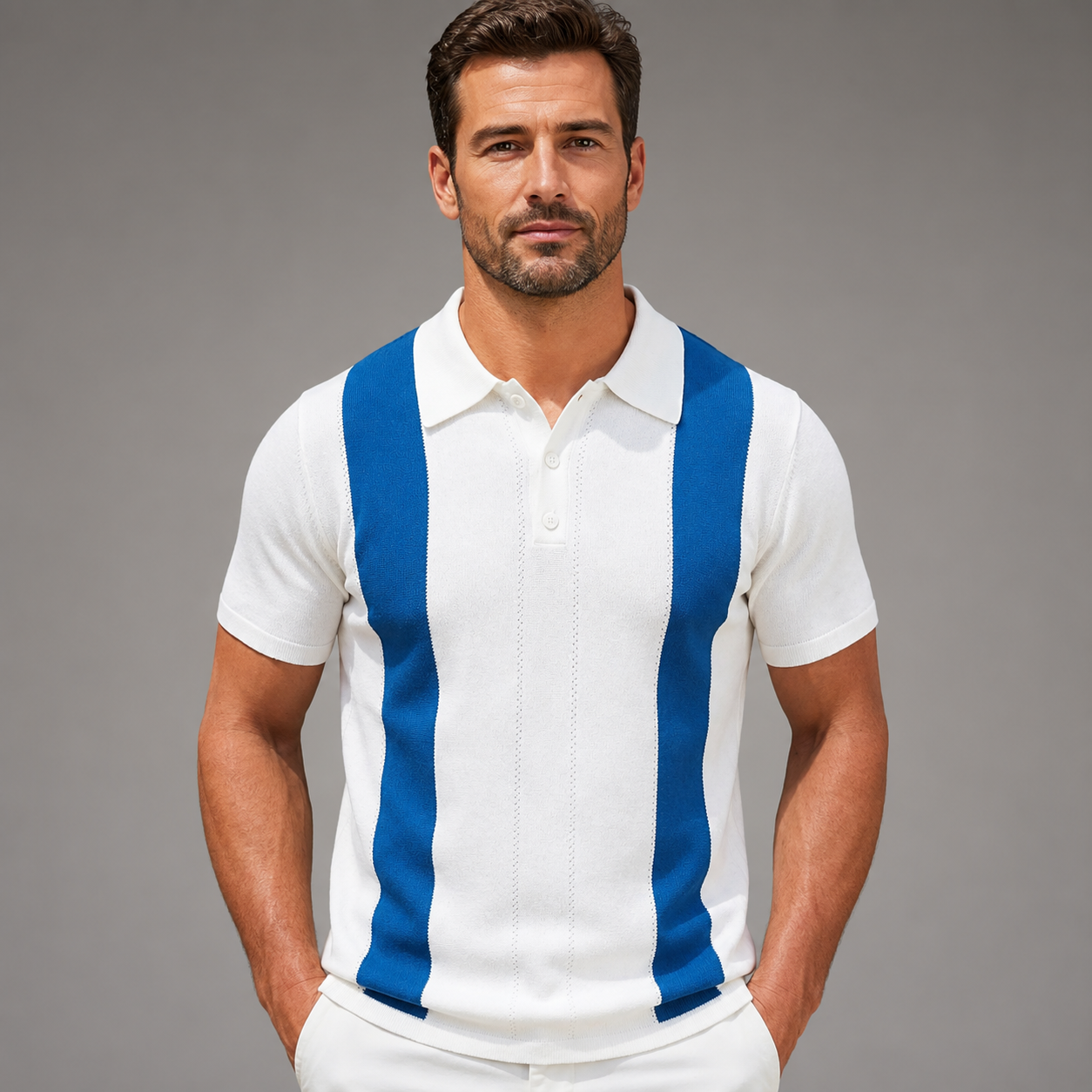 Men's Short Sleeve Knitted Polo Shirt – Vintage Stripe Design