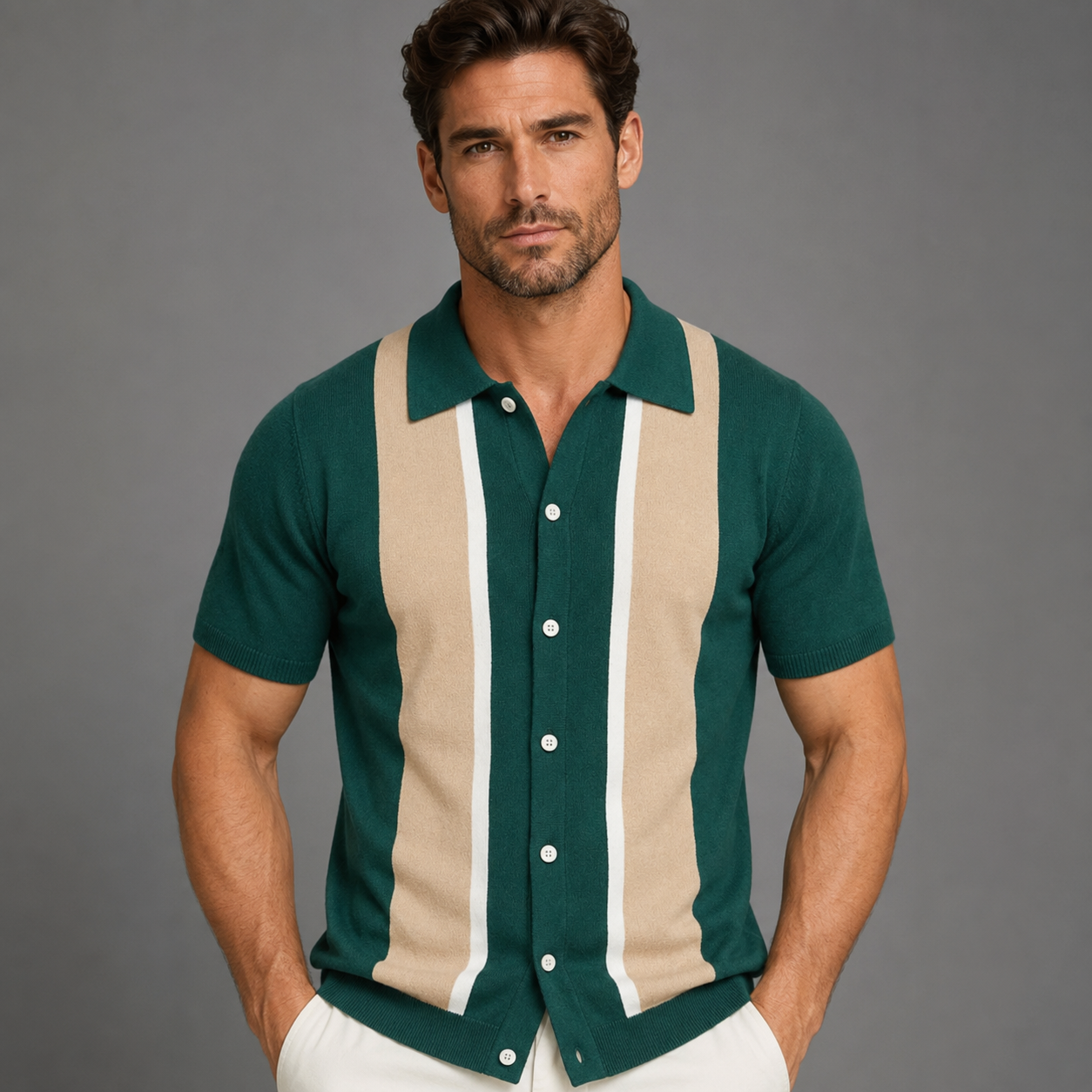 Men's Short Sleeve Knitted Polo Shirt – Vintage Stripe Design