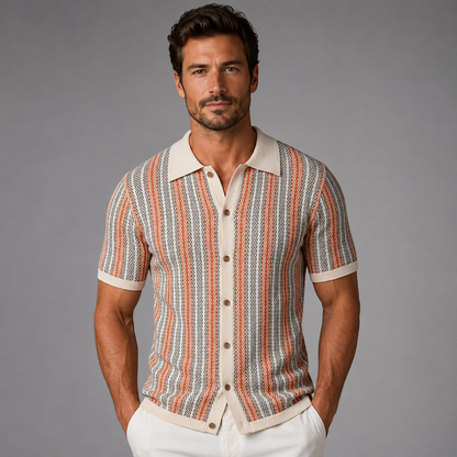 Men's Short Sleeve Knitted Polo Shirt – Vintage Stripe Design