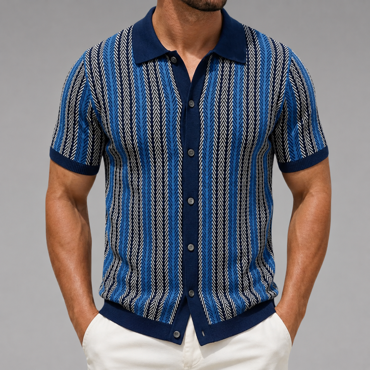 Men's Short Sleeve Knitted Polo Shirt – Vintage Stripe Design