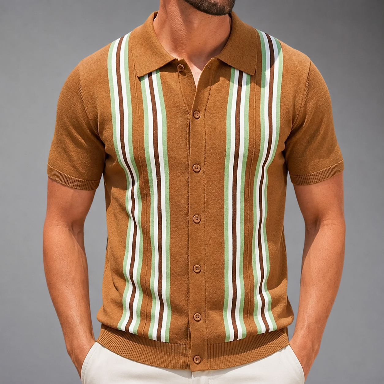Men's Short Sleeve Knitted Polo Shirt – Vintage Stripe Design