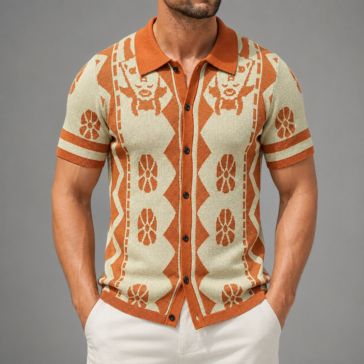 Men's Short Sleeve Knitted Polo Shirt – Vintage Stripe Design