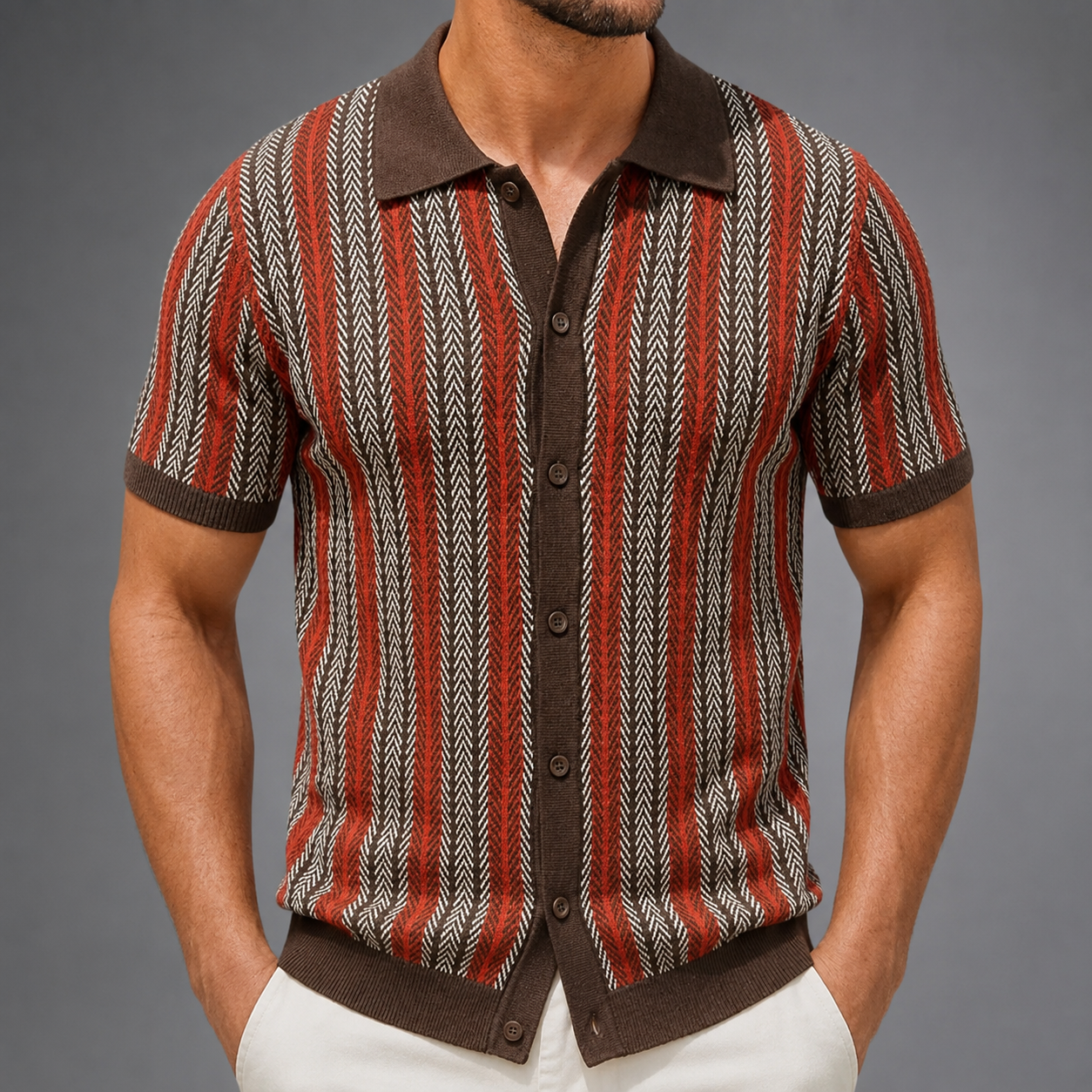 Men's Short Sleeve Knitted Polo Shirt – Vintage Stripe Design