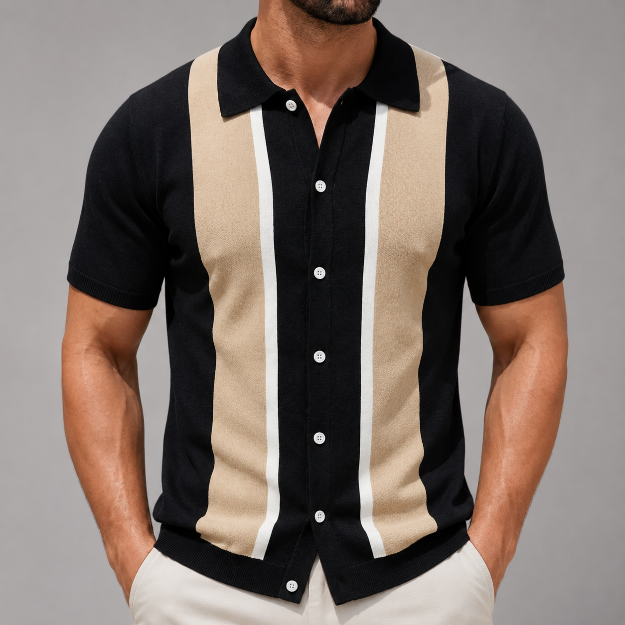 Men's Short Sleeve Knitted Polo Shirt – Vintage Stripe Design