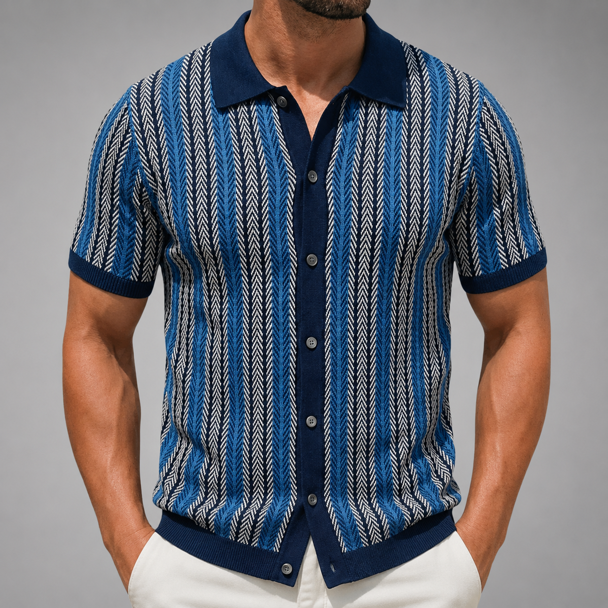 Men's Short Sleeve Knitted Polo Shirt – Vintage Stripe Design