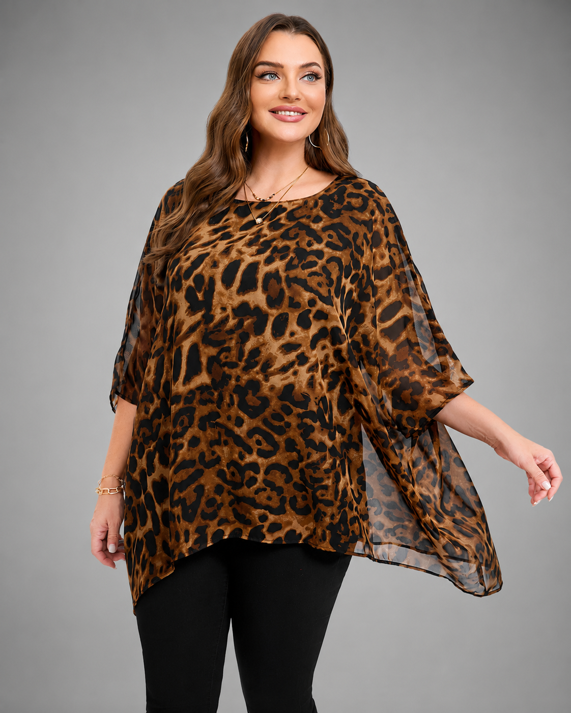 Women's Plus Size Chiffon Blouse – Batwing Sleeve with Scoop Neck – Longline Summer Top