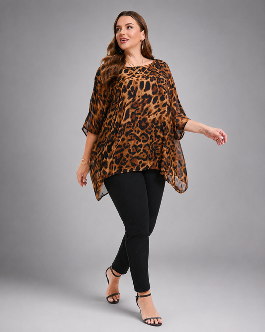 Women's Plus Size Chiffon Blouse – Batwing Sleeve with Scoop Neck – Longline Summer Top