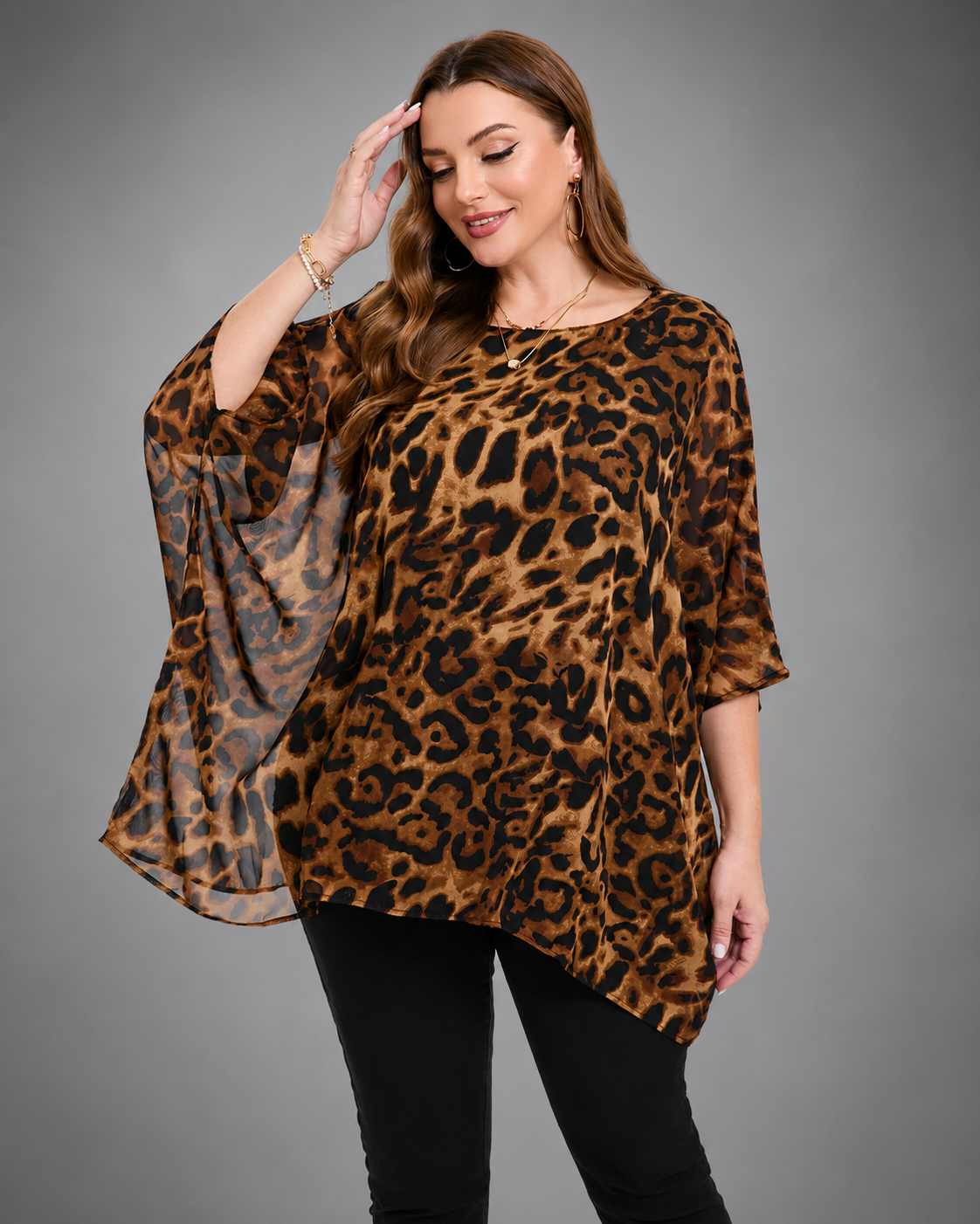 Women's Plus Size Chiffon Blouse – Batwing Sleeve with Scoop Neck – Longline Summer Top