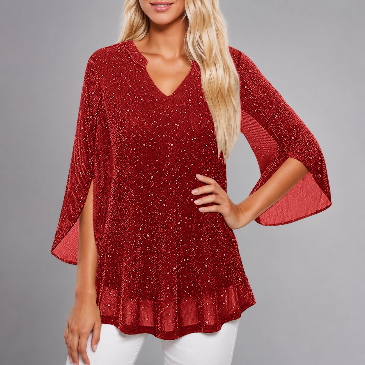 Women's Chiffon Tunic Top – Sequined V-Neck with Hollow Out Design