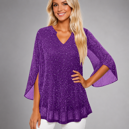 Women's Chiffon Tunic Top – Sequined V-Neck with Hollow Out Design