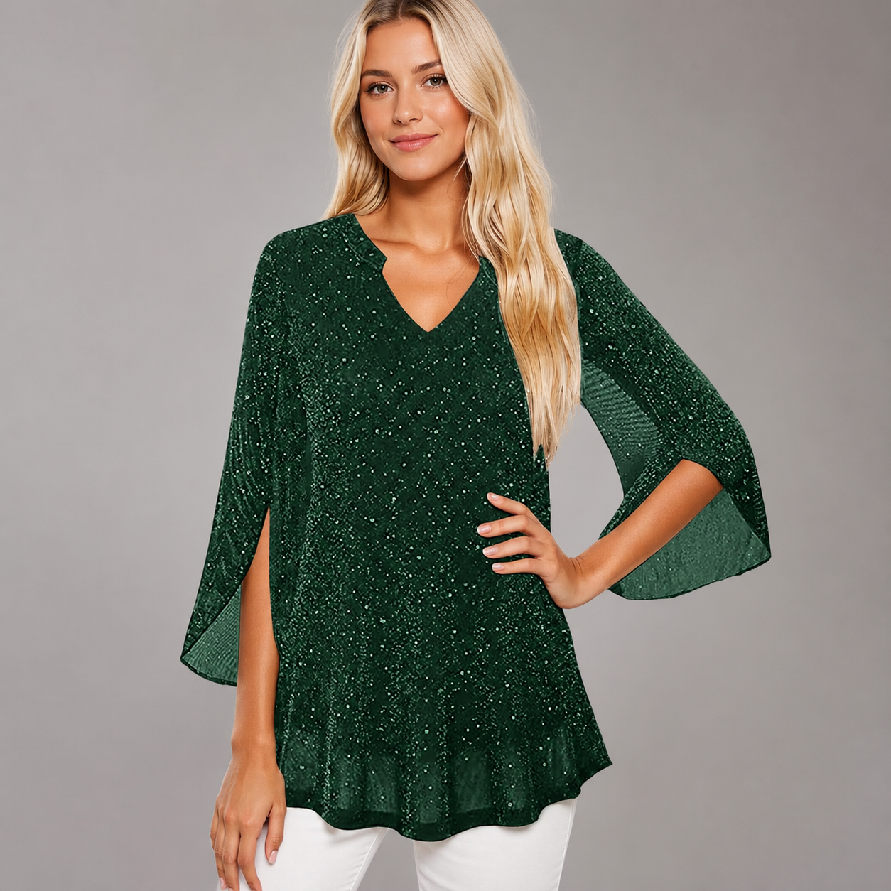 Women's Chiffon Tunic Top – Sequined V-Neck with Hollow Out Design