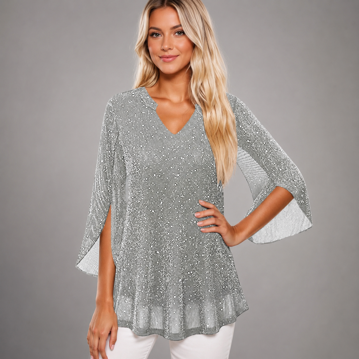 Women's Chiffon Tunic Top – Sequined V-Neck with Hollow Out Design